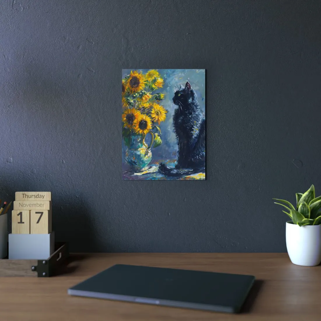 Whimsical Black Cat by Sunflowers: Serene Garden Art - Metal Poster