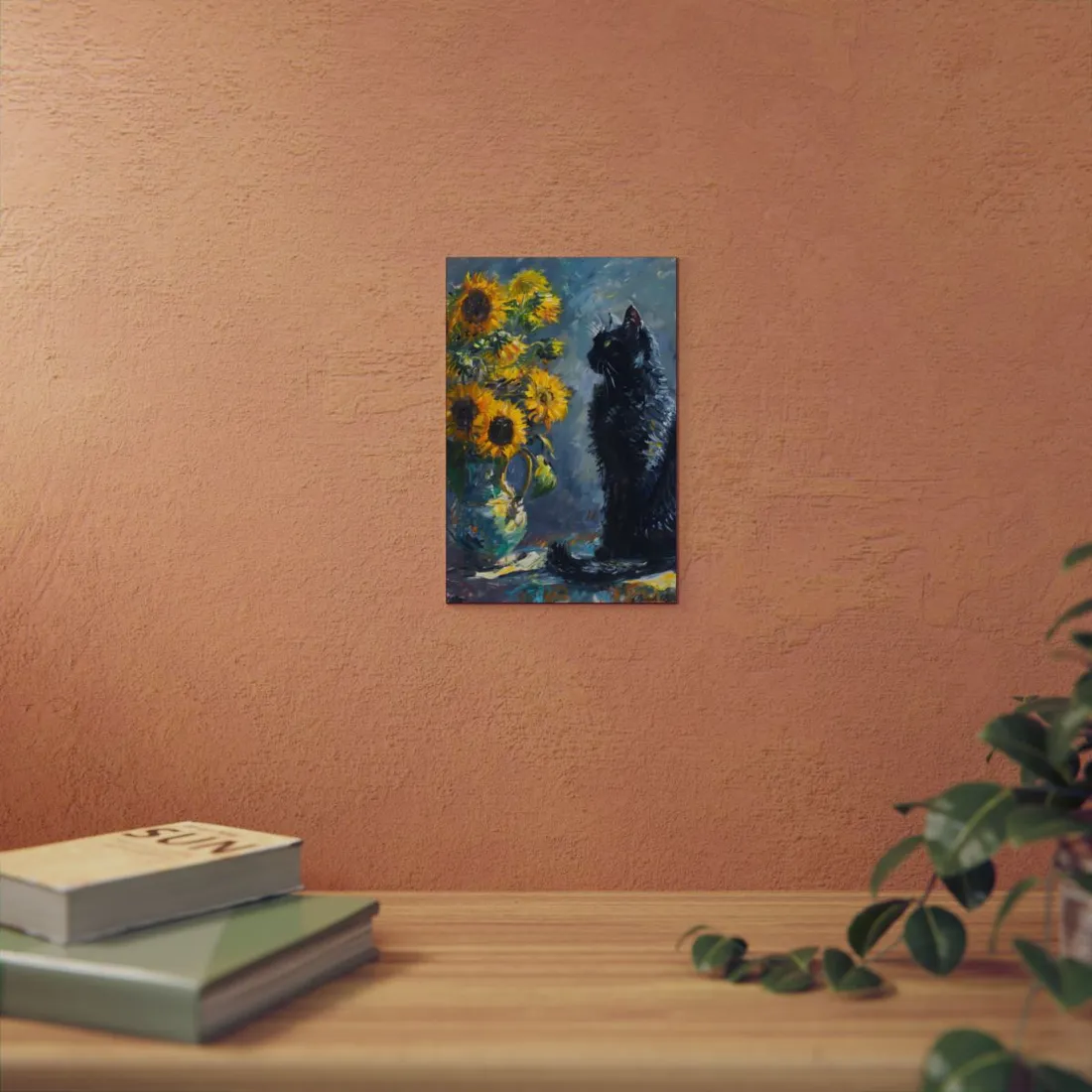 Whimsical Black Cat by Sunflowers: Serene Garden Art - Metal Poster