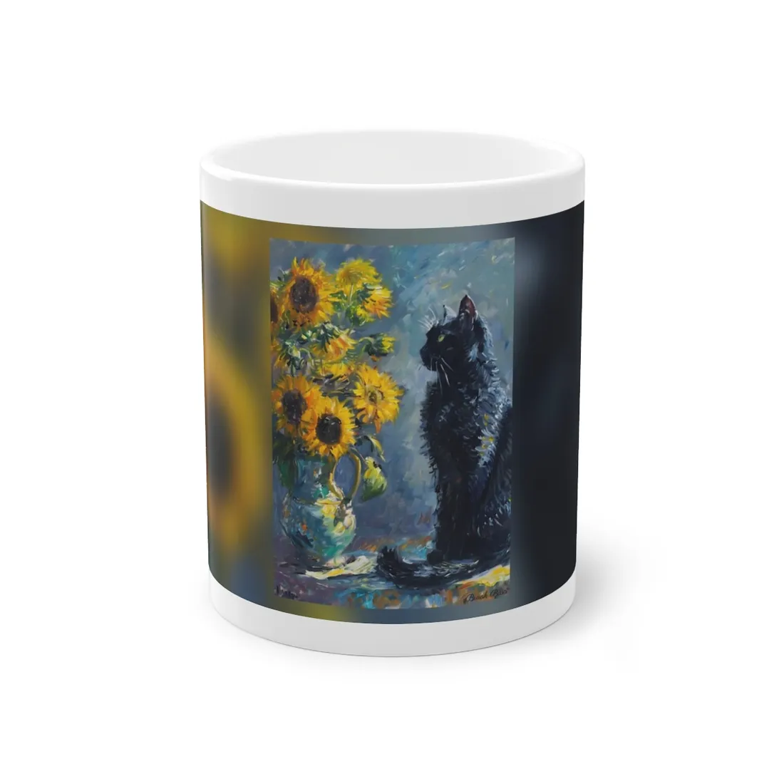 Whimsical Black Cat by Sunflowers: Serene Garden Art - Mug