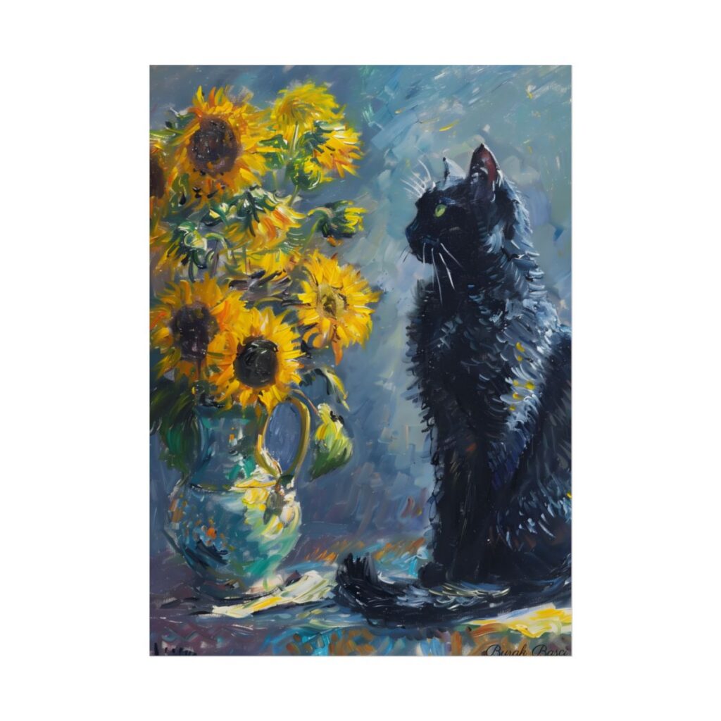 Whimsical Black Cat by Sunflowers: Serene Garden Art - Poster