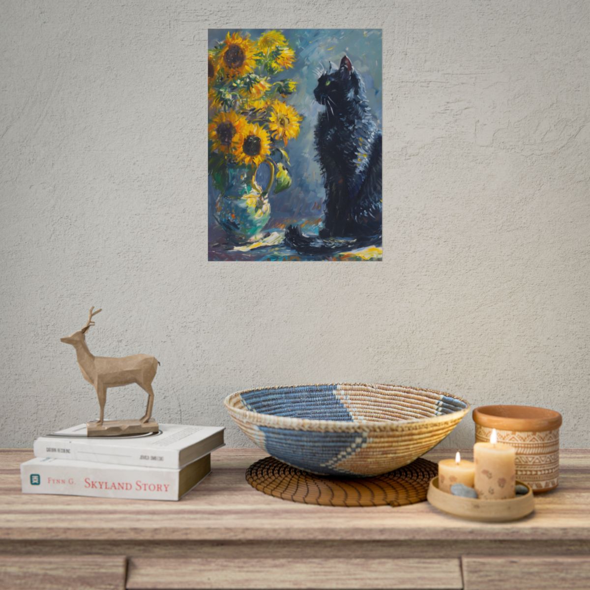 Whimsical Black Cat by Sunflowers: Serene Garden Art - Poster