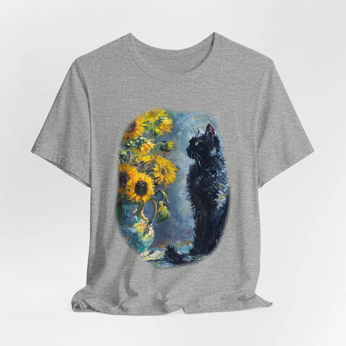 Whimsical Black Cat by Sunflowers: Serene Garden Art - T-Shirt (Athletic Heather)