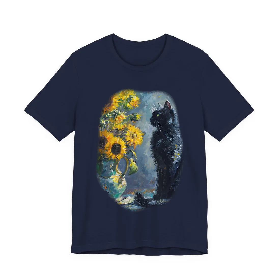 Whimsical Black Cat by Sunflowers: Serene Garden Art - T-Shirt (Navy)