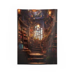 Library Staircase with Lanterns Wall Tapestry