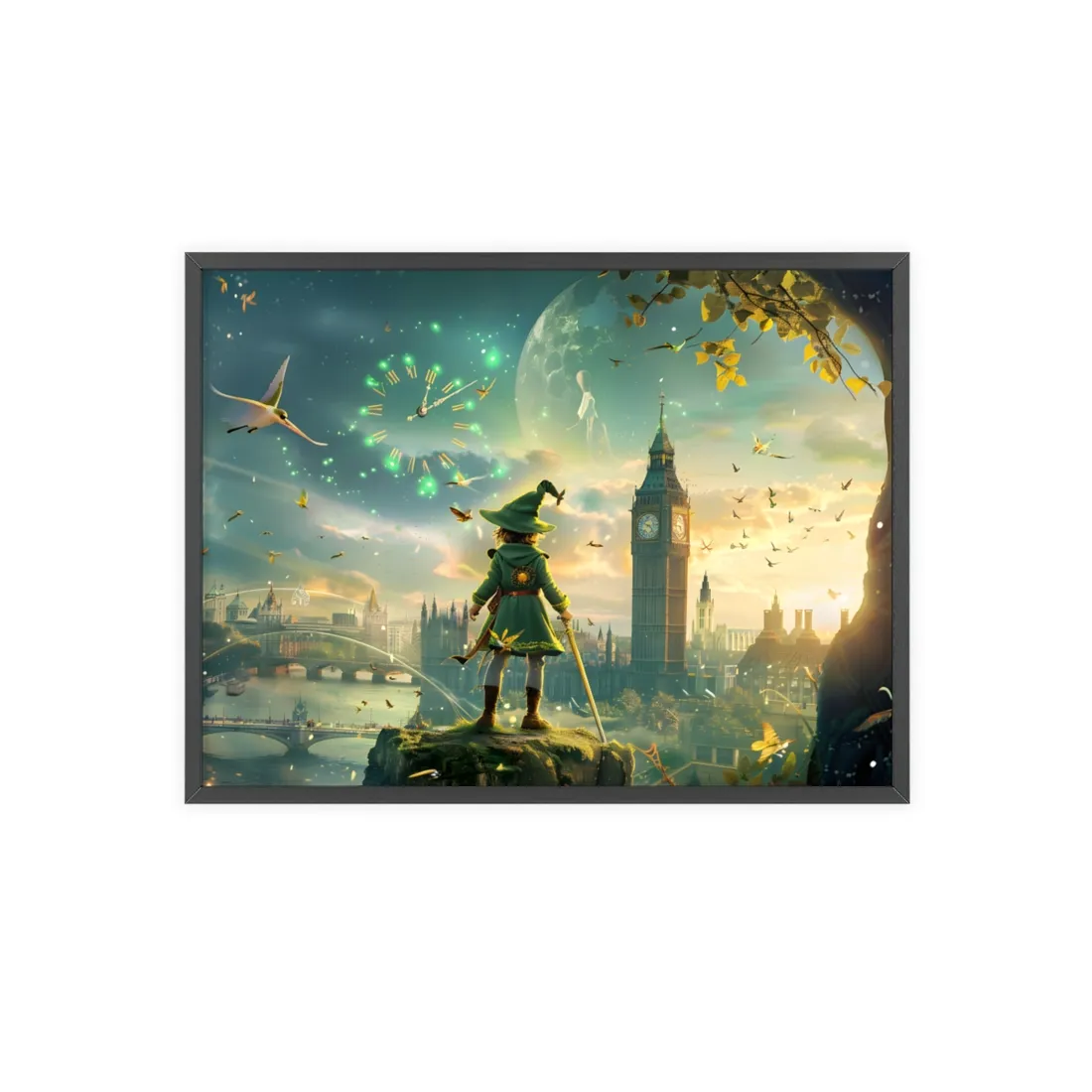 Whimsical Boy: Green Tunic Outdoor Art - Framed Poster
