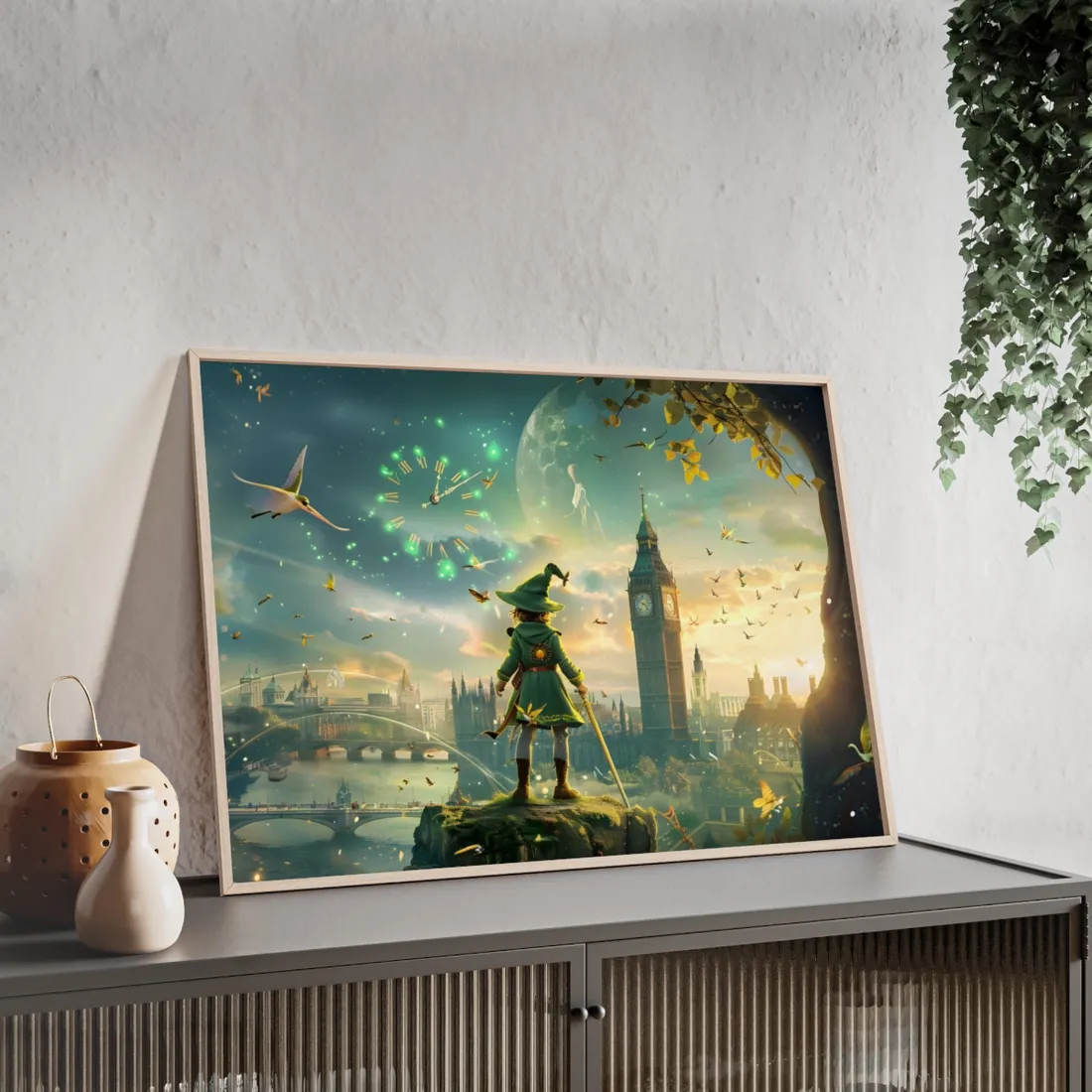 Whimsical Boy: Green Tunic Outdoor Art - Framed Poster