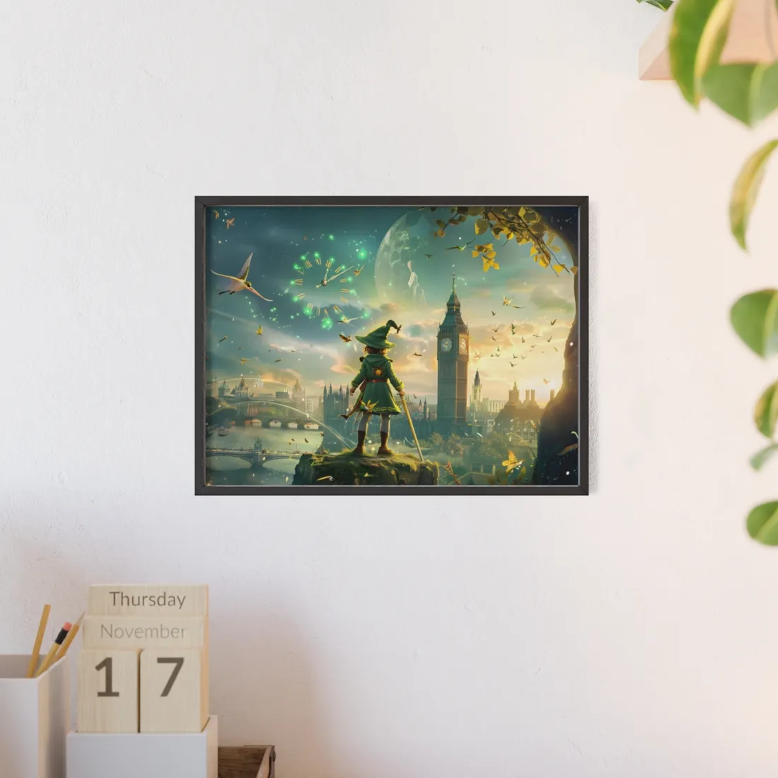 Whimsical Boy: Green Tunic Outdoor Art - Framed Poster