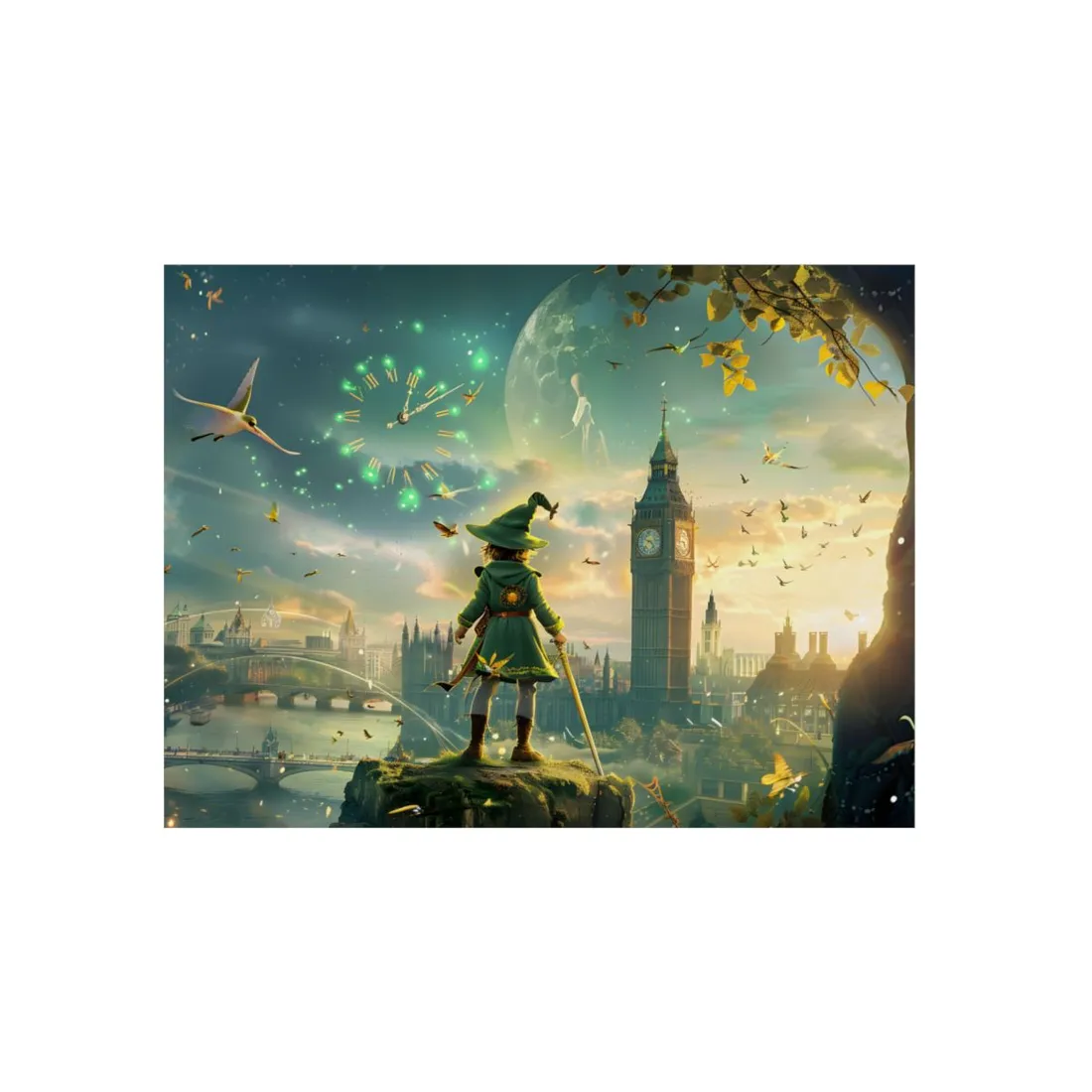 Whimsical Boy: Green Tunic Outdoor Art - Metal Poster