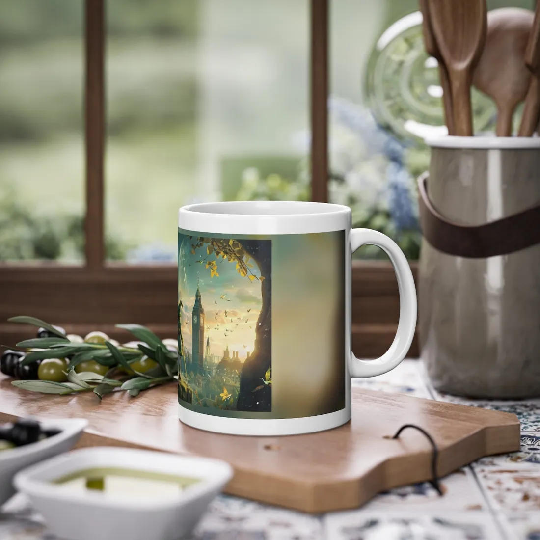 Whimsical Boy: Green Tunic Outdoor Art - Mug