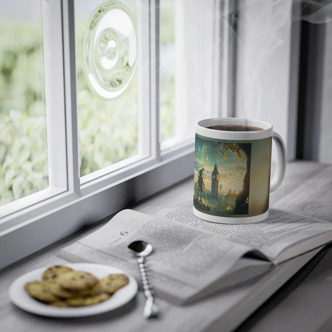 Whimsical Boy: Green Tunic Outdoor Art - Mug