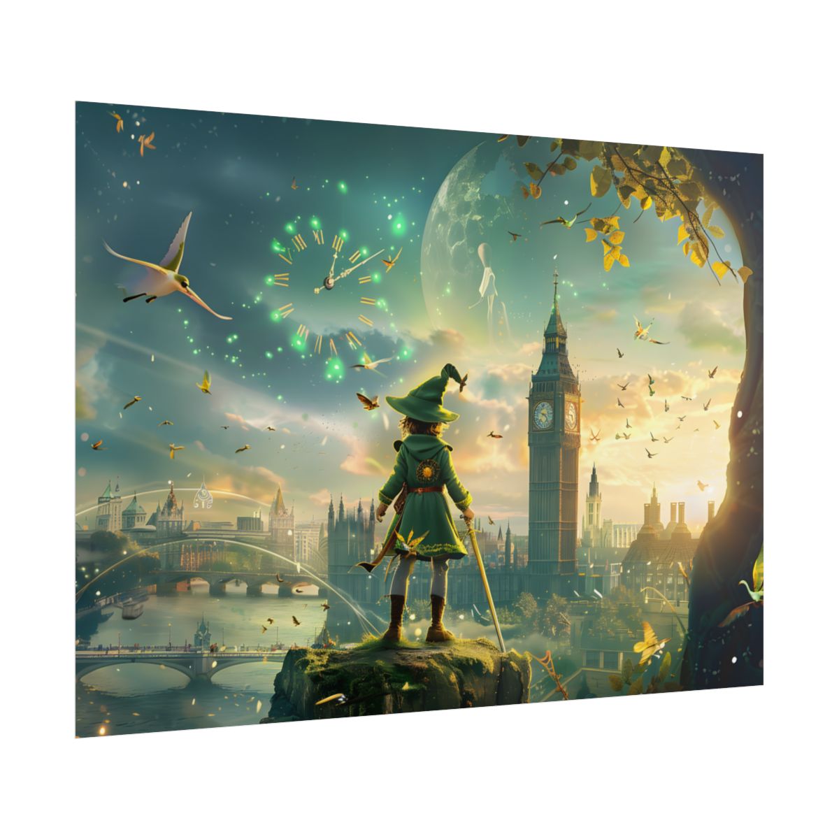 Whimsical Boy: Green Tunic Outdoor Art - Poster