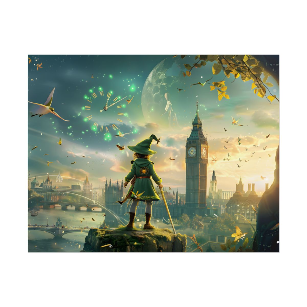 Whimsical Boy: Green Tunic Outdoor Art - Poster