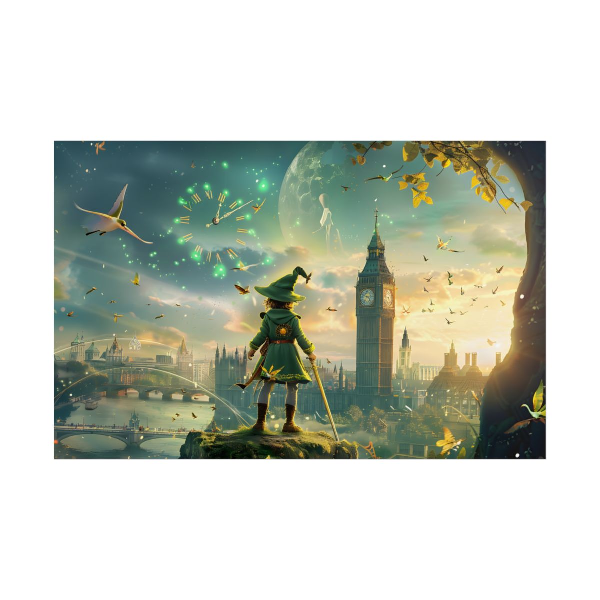 Whimsical Boy: Green Tunic Outdoor Art - Poster