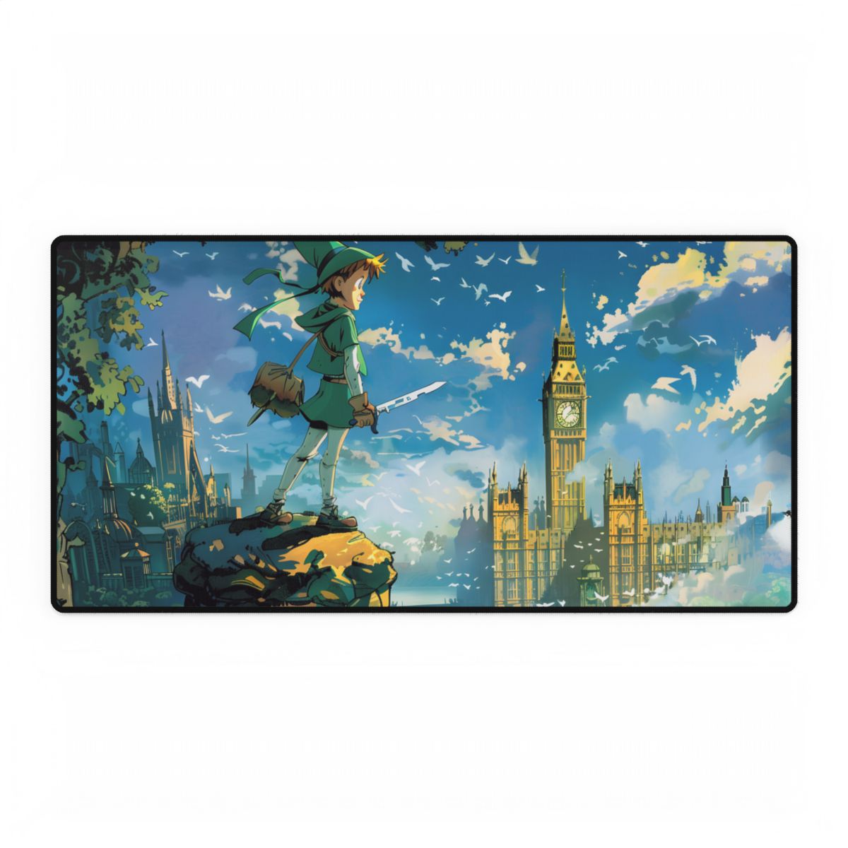Whimsical Boy in Green: Colorful Illustration Artwork - Desk Mat