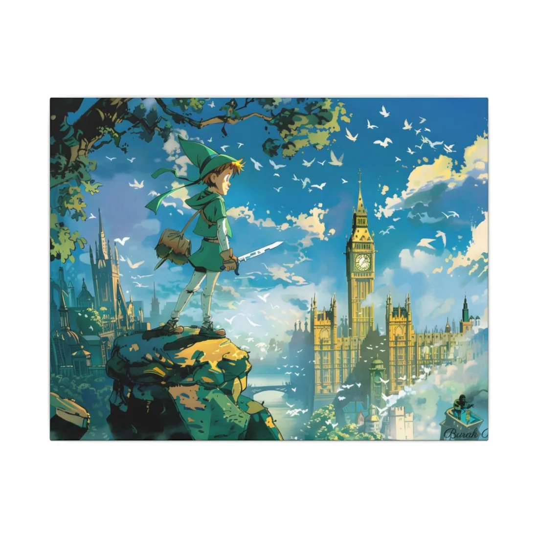 Whimsical Boy in Green: Colorful Illustration - Canvas