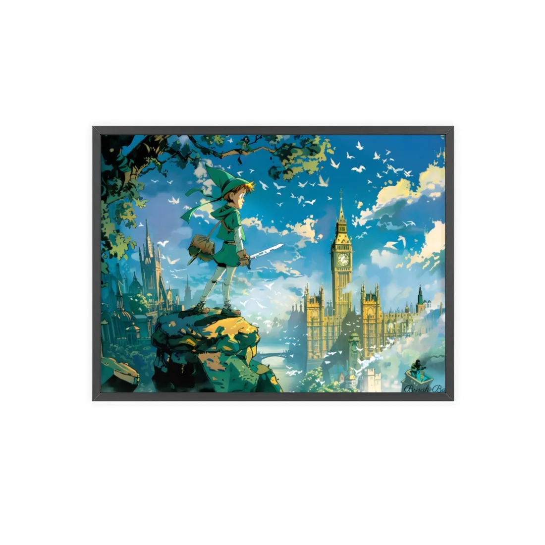 Whimsical Boy in Green: Colorful Illustration - Framed Poster