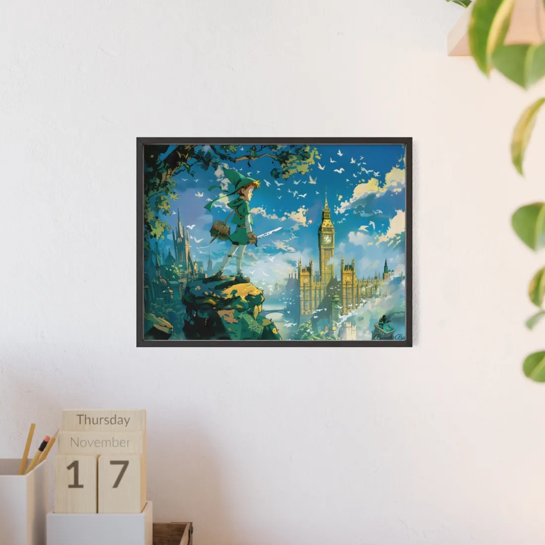Whimsical Boy in Green: Colorful Illustration - Framed Poster