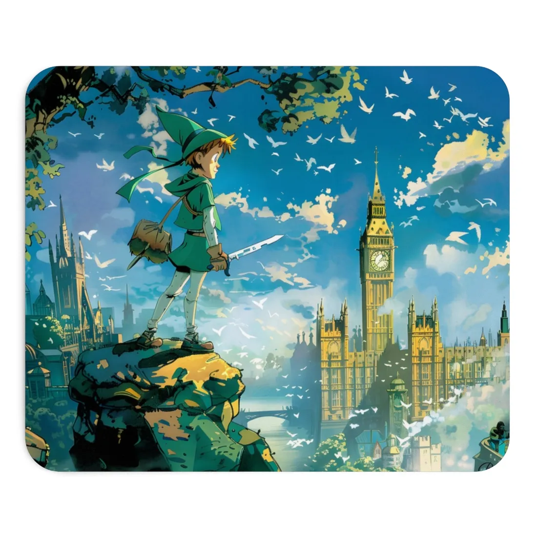 Whimsical Boy in Green: Colorful Illustration - Mouse Pad