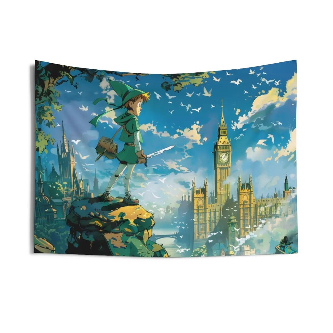 Whimsical Boy in Green: Colorful Illustration - Wall Tapestry