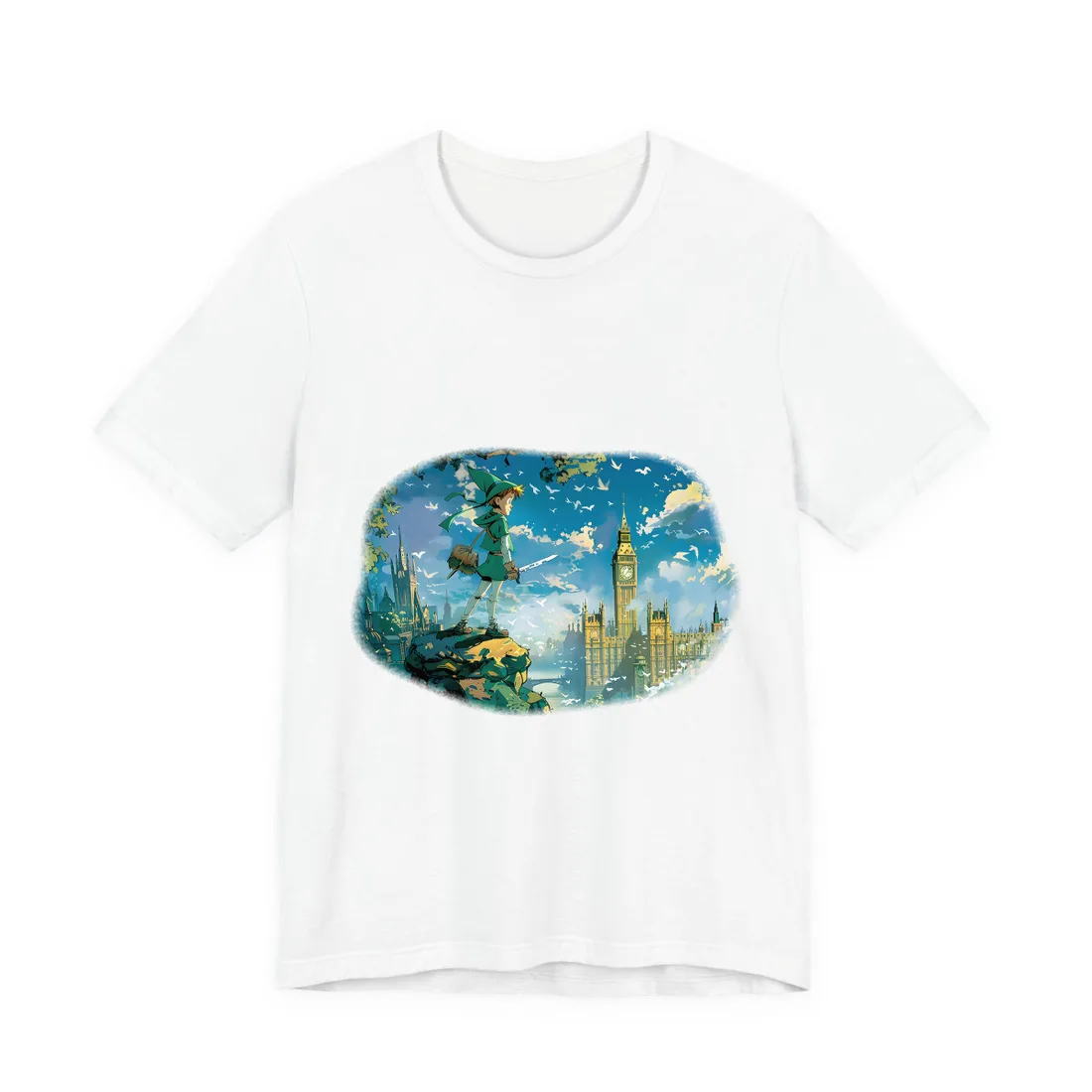 Whimsical Boy in Green: Colorful Illustration - T-Shirt (White)