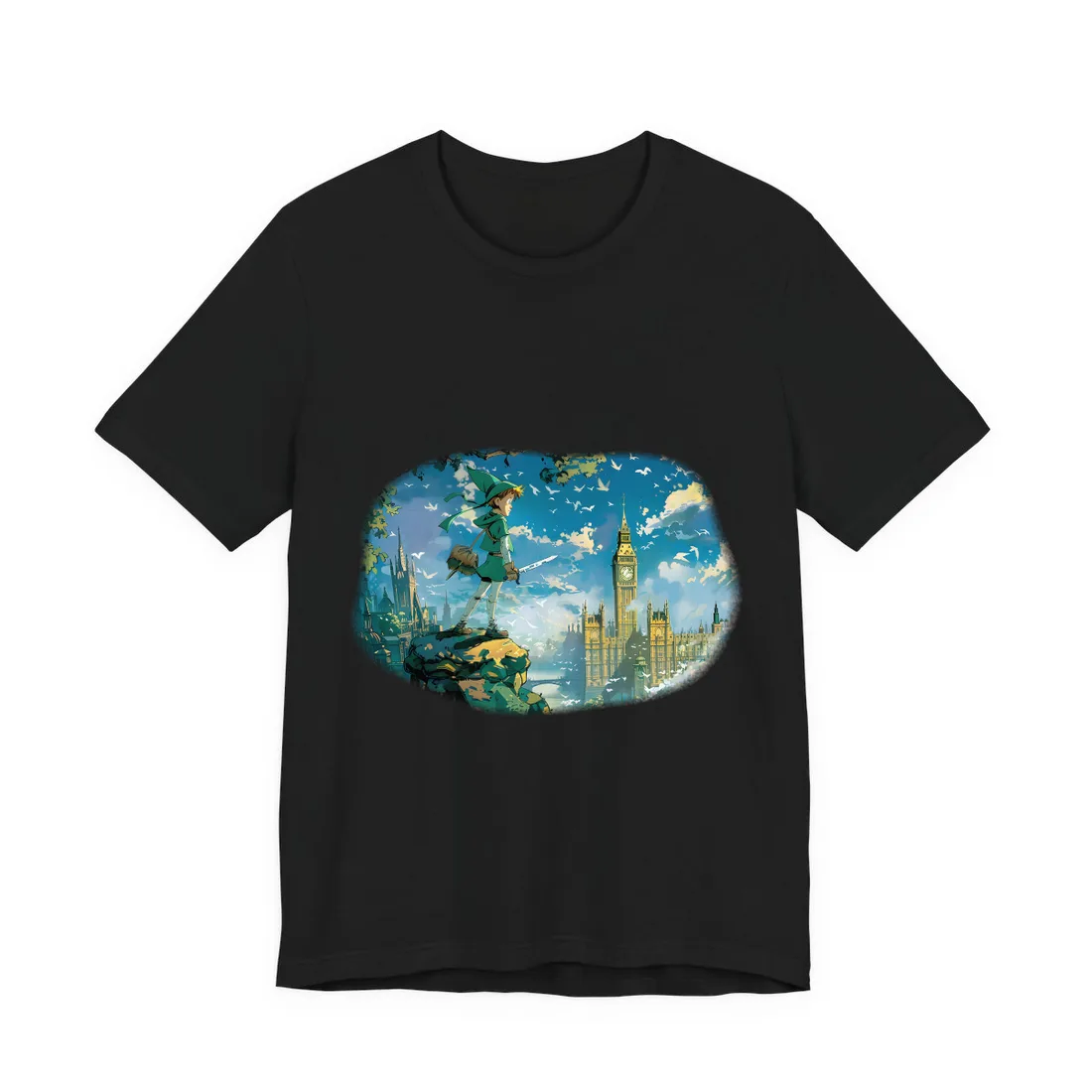 Whimsical Boy in Green: Colorful Illustration - T-Shirt (Black)