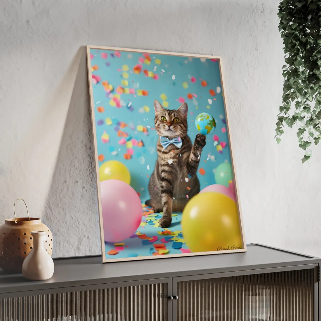Whimsical Cat in Bow Tie: Close-Up Art Print - Framed Poster
