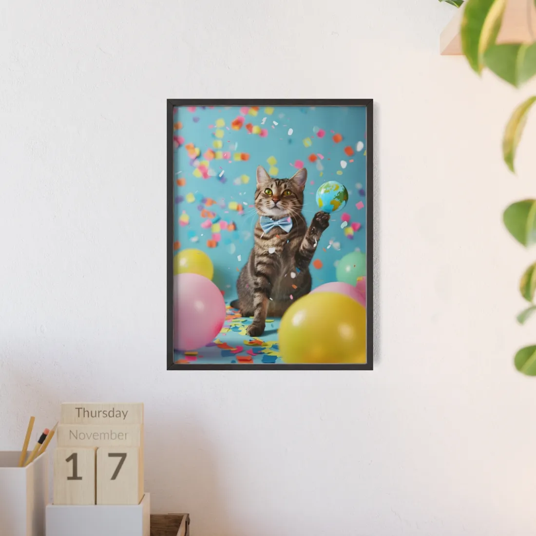 Whimsical Cat in Bow Tie: Close-Up Art Print - Framed Poster