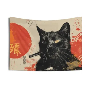 Black Cat with Red Disc Wall Tapestry