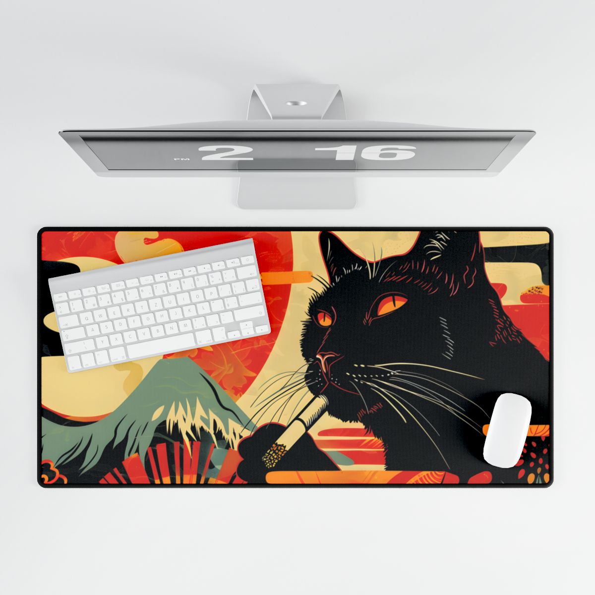 Whimsical Cat Smoking: Red & White Stripe Artwork - Desk Mat