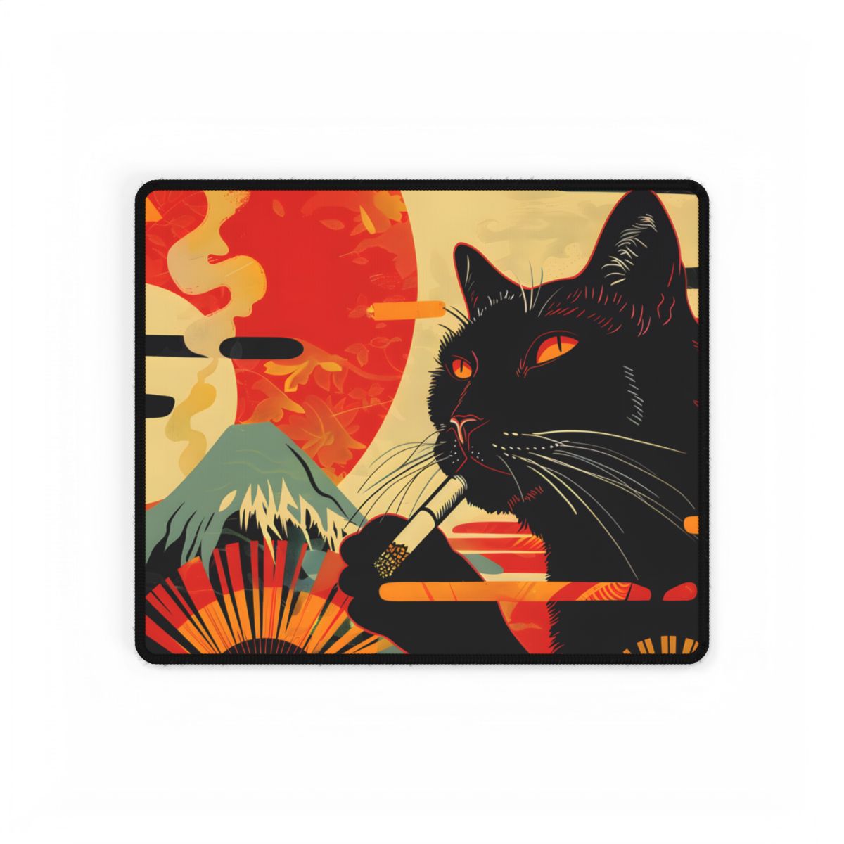 Whimsical Cat Smoking: Red & White Stripe Artwork - Desk Mat