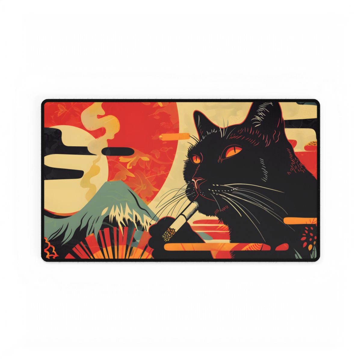 Whimsical Cat Smoking: Red & White Stripe Artwork - Desk Mat