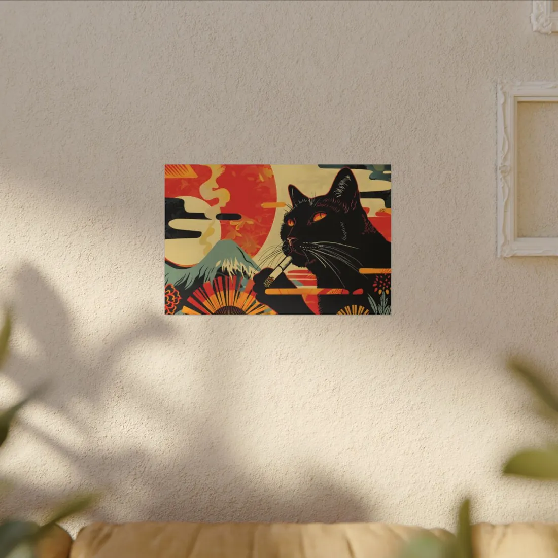 Whimsical Cat Smoking: Red & White Stripe - Canvas