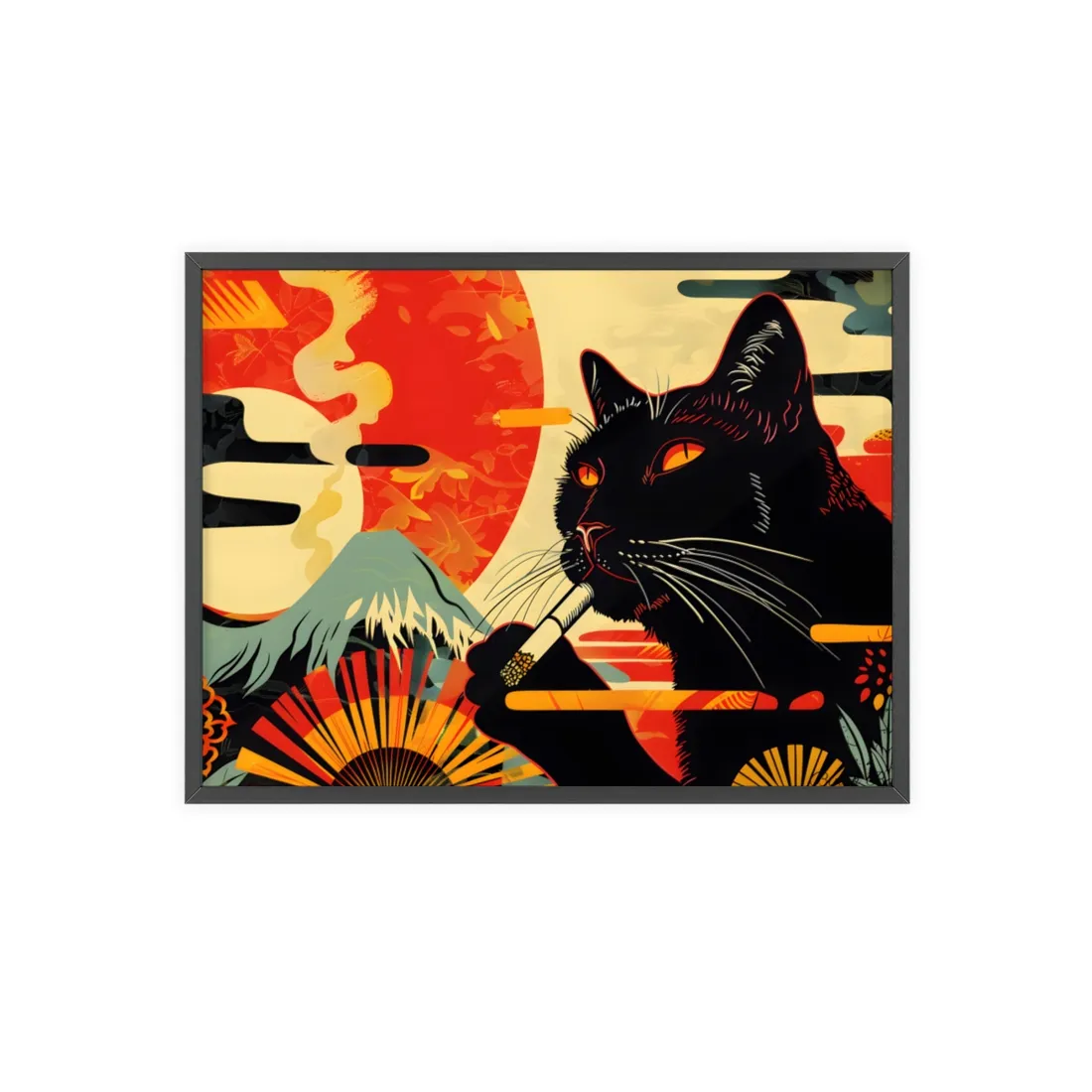 Whimsical Cat Smoking: Red & White Stripe - Framed Poster