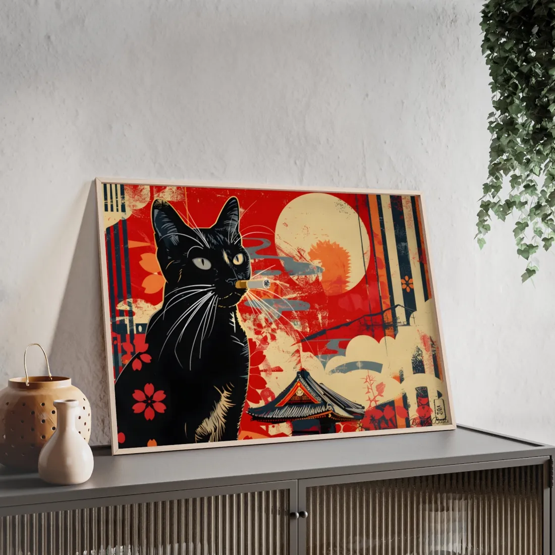 Whimsical Cat: Unconventional Smoking Scene - Framed Poster