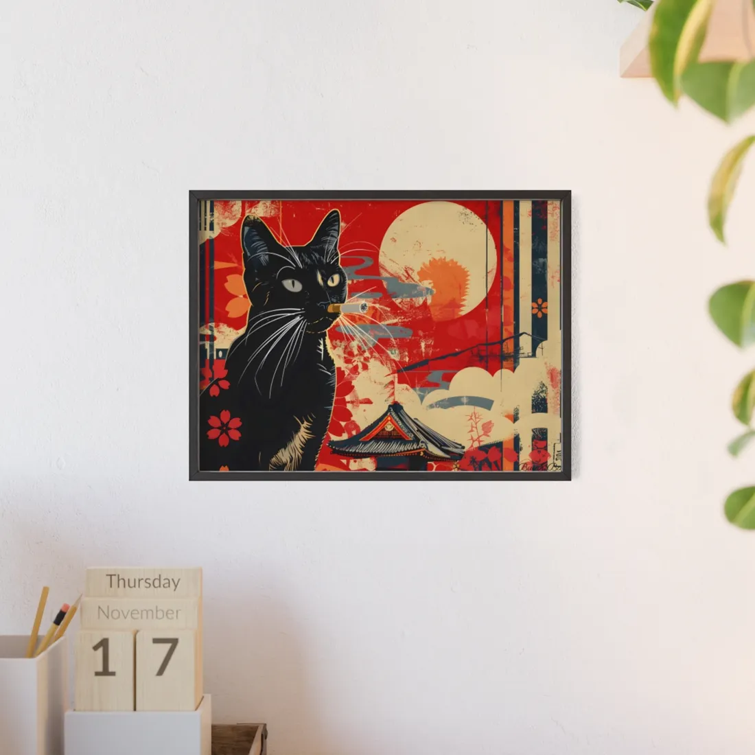 Whimsical Cat: Unconventional Smoking Scene - Framed Poster