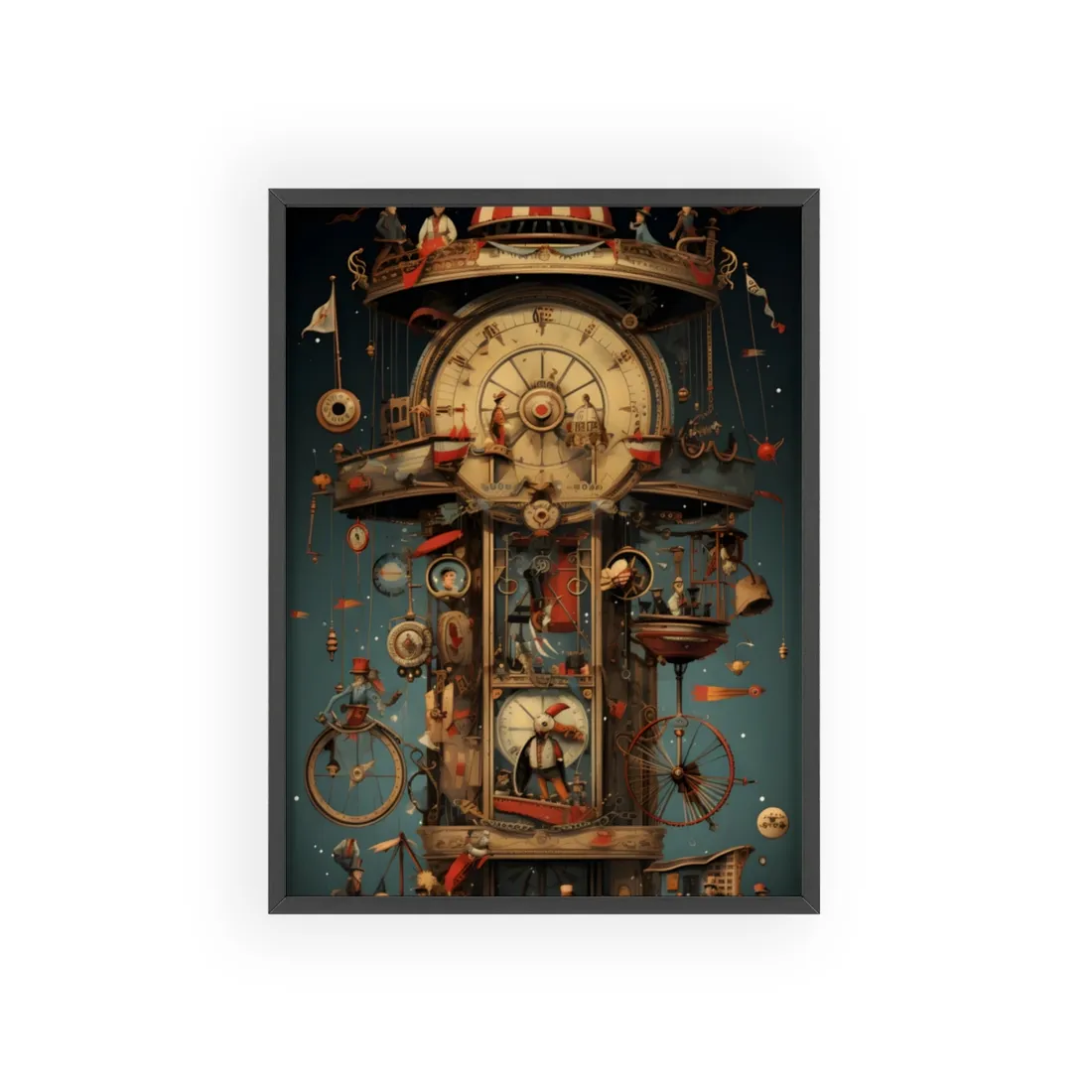 Whimsical Clockwork Circus: A Delightful Blend of Time and Movement - Framed Poster