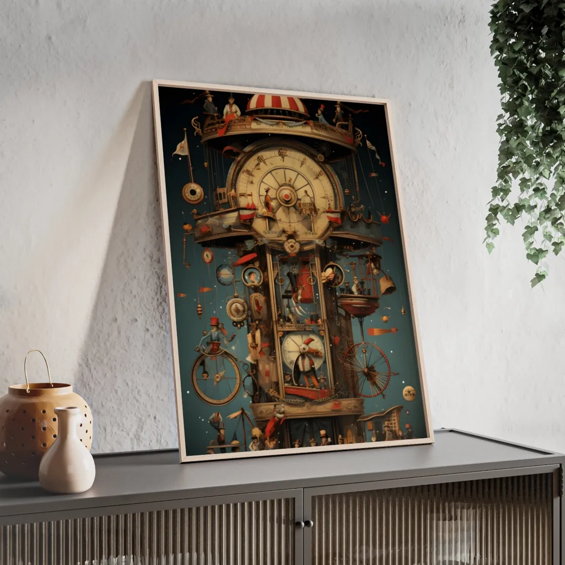 Whimsical Clockwork Circus: A Delightful Blend of Time and Movement - Framed Poster