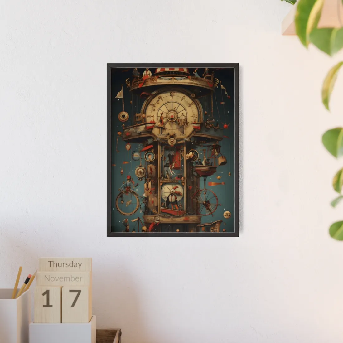 Whimsical Clockwork Circus: A Delightful Blend of Time and Movement - Framed Poster