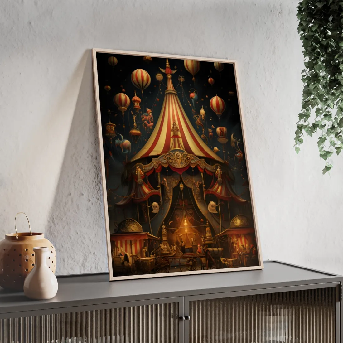 Whimsical Clockwork Circus: Fantastical Art with Vibrant Details - Framed Poster