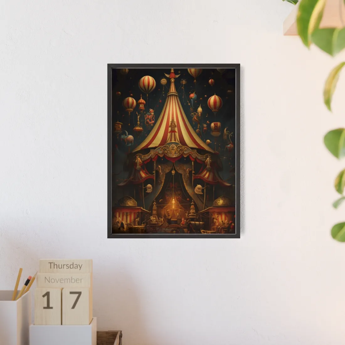 Whimsical Clockwork Circus: Fantastical Art with Vibrant Details - Framed Poster