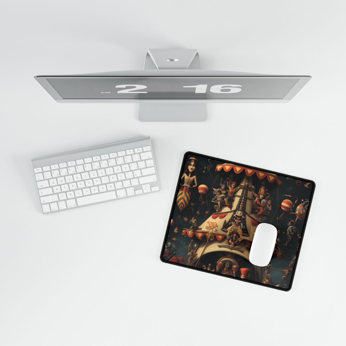 Whimsical Clockwork Circus: Fantastical Artwork in Vibrant Colors - Desk Mat