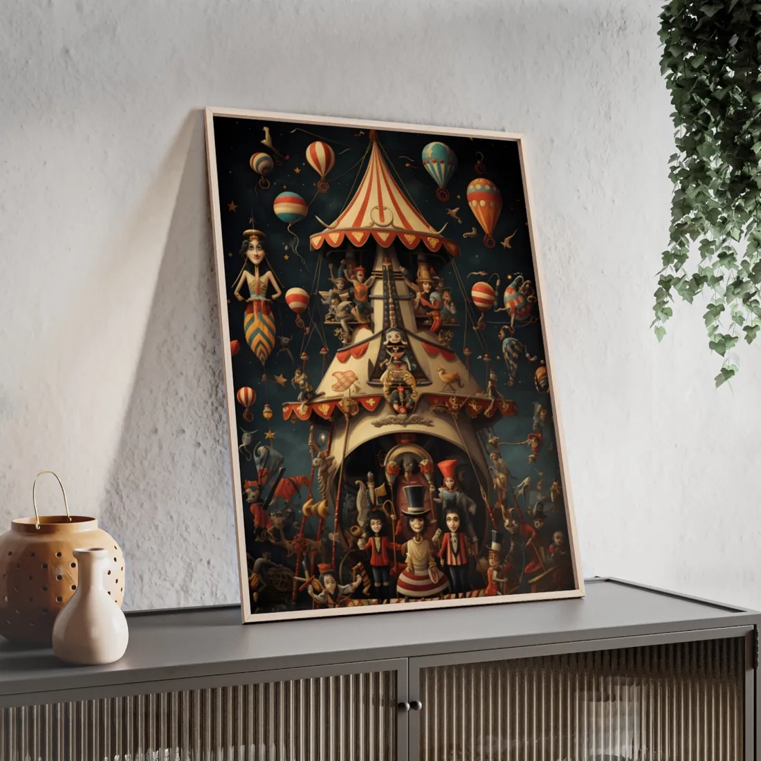 Whimsical Clockwork Circus: Fantastical Artwork in Vibrant Colors - Framed Poster