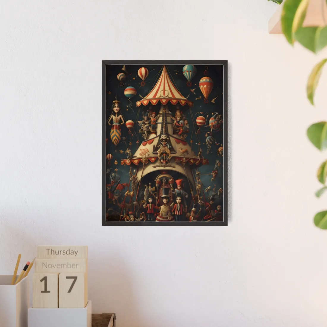Whimsical Clockwork Circus: Fantastical Artwork in Vibrant Colors - Framed Poster
