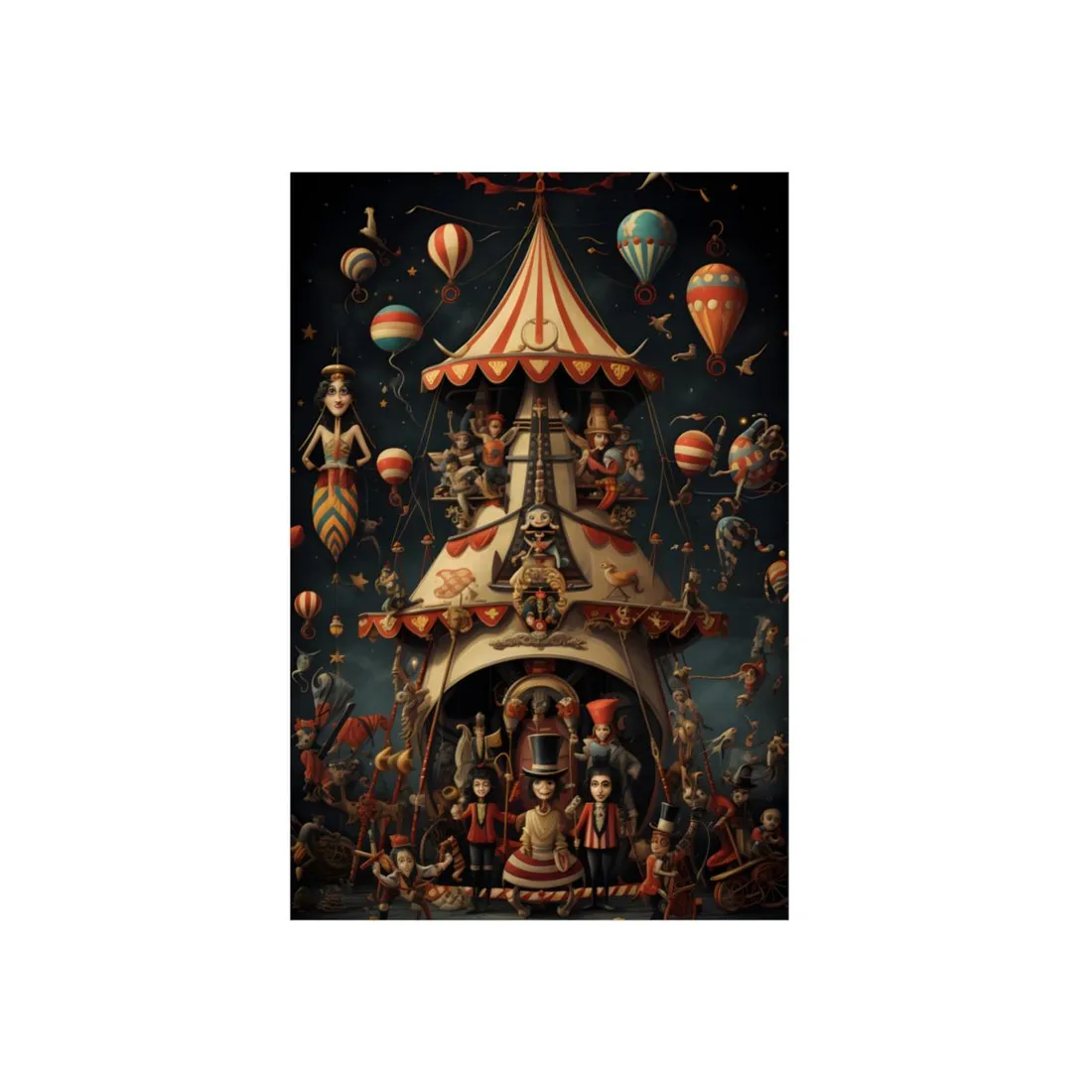 Whimsical Clockwork Circus: Fantastical Artwork in Vibrant Colors - Metal Poster