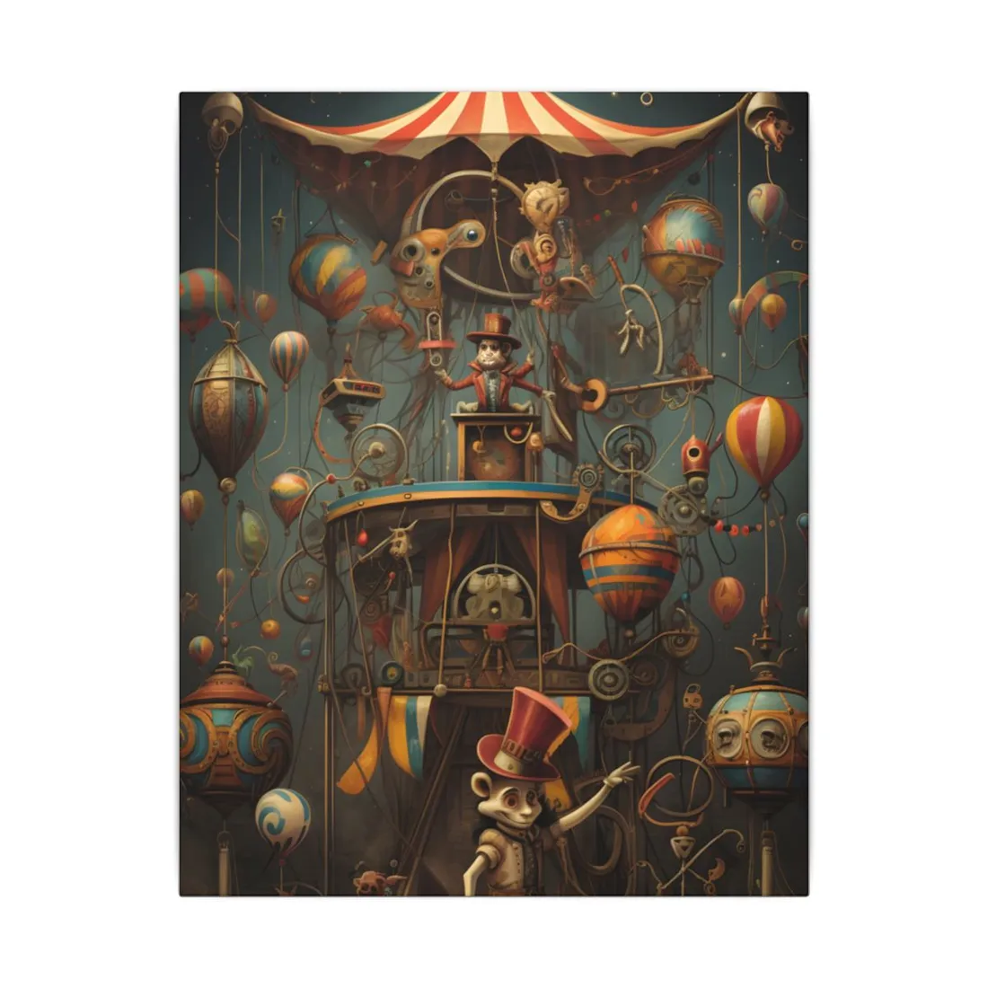 Whimsical Clockwork Circus: Fantastical Wooden Horse in Steampunk Dreamscape - Canvas