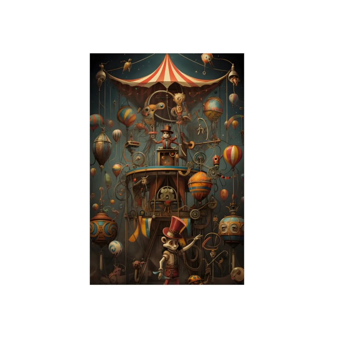 Whimsical Clockwork Circus: Fantastical Wooden Horse in Steampunk Dreamscape - Metal Poster