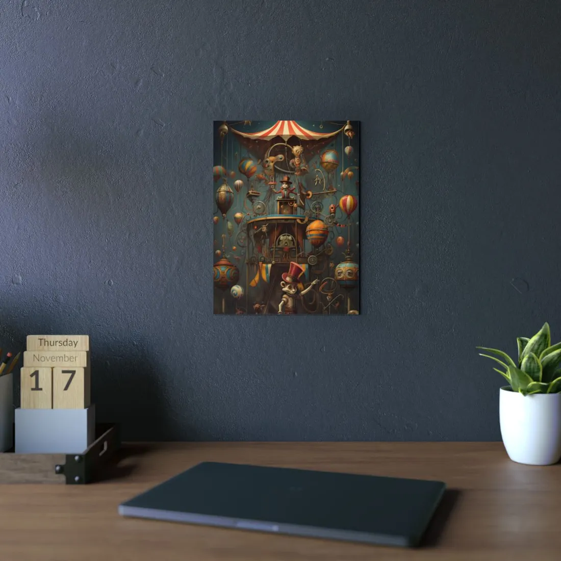 Whimsical Clockwork Circus: Fantastical Wooden Horse in Steampunk Dreamscape - Metal Poster