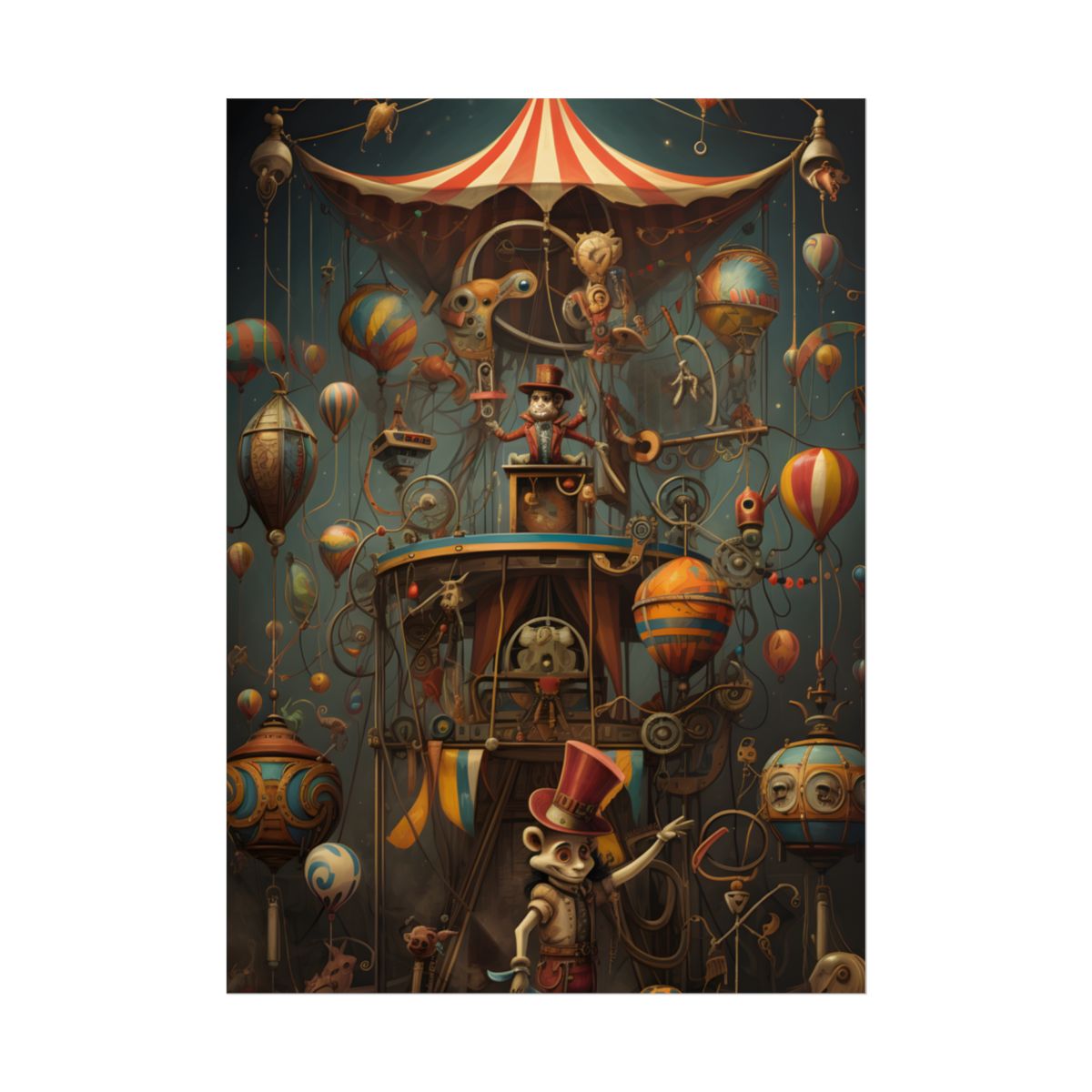 Whimsical Clockwork Circus: Fantastical Wooden Horse in Steampunk Dreamscape - Poster