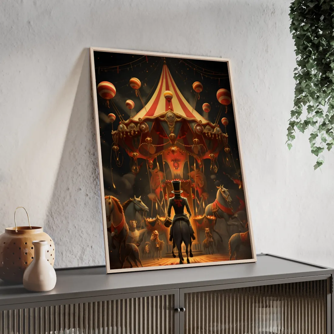 Whimsical Clockwork Circus Under Night Sky: Magical Art - Framed Poster
