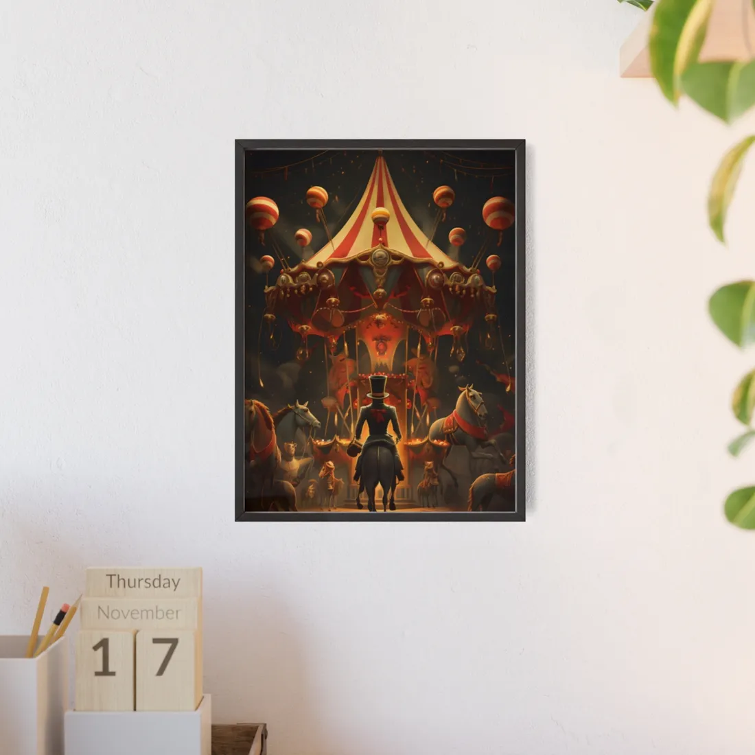 Whimsical Clockwork Circus Under Night Sky: Magical Art - Framed Poster